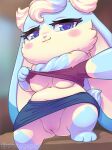  2023 anthro areola blue_body blue_eyes blue_fur blush bottomwear breasts chibi chubby_female clothed clothing clothing_lift dewlap_(anatomy) digital_media_(artwork) exposed_breasts female floppy_ears fur genitals hi_res lagomorph leporid long_ears looking_at_viewer lop_ears mammal multicolored_body multicolored_fur navel nipples pussy rabbit selfie shirt shirt_lift simple_background skirt smile sofu_(pyritie) solo storagepc swirl tan_body tan_fur thick_thighs topwear tuft two_tone_body two_tone_fur under_boob upskirt 