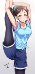  1girl armpits arms_up ayase_honoka black_leggings blue_shirt blue_shorts blush bow bra_strap breasts brown_hair cleavage collarbone cowboy_shot dated dot_nose green_scrunchie grey_background gym_shorts hair_bow hair_ornament hair_scrunchie highres holding_own_foot idolmaster idolmaster_cinderella_girls idolmaster_cinderella_girls_starlight_stage leg_lift leg_up leggings long_hair looking_at_viewer medium_breasts open_mouth ponytail scrunchie shirt short_sleeves shorts signature smile solo spread_legs standing standing_on_one_leg sweat tied_shirt yellow_eyes yoohi 