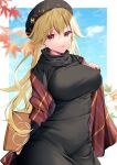  1girl alternate_costume black_dress blonde_hair blue_sky breasts checkered_shawl commission dress highres junko_(touhou) kaede_(mmkeyy) large_breasts leaf long_hair looking_at_viewer maple_leaf pixiv_commission red_eyes shawl sky smile touhou turtleneck_dress 