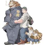  anthro bag beard big_bulge big_muscles big_penis blush bottomwear brown_hair bulge chan_kiti_chan_(artist) cigarette clothing embrace facial_hair family father father_and_child father_and_son felid footwear fur genitals group hair hi_res hug human human_on_anthro interspecies larger_anthro larger_male male male/male mammal multicolored_body multicolored_fur muscular muscular_anthro muscular_male pantherine pants parent parent_and_child penis penis_through_fly poking_out police_officer police_uniform romantic romantic_couple shirt shoes size_difference smaller_human smaller_male smoking son striped_body striped_fur stripes tail_around_another tail_around_partner tiger topwear uniform white_body white_fur yellow_body yellow_fur 