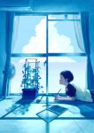  1boy absurdres air_conditioner balcony black_hair blue_flower blue_sky cloud curtains day electric_fan flower highres indoors kanai_(nai_nai) lying male_focus morning_glory on_stomach original pencil plant profile shirt sky solo summer t-shirt tatami trellis upper_body vines window 