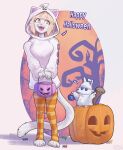  absurd_res anthro baggy_clothing blonde_hair blue_eyes clothed clothing duo fangs female food front_view fruit fur hair halloween hi_res holding_object holidays hoodie legwear male open_mouth orange_eyes pattern_clothing pattern_legwear pink_tongue plant pumpkin rz54 rz54_(rz54) simple_eyes size_difference standing striped_clothing striped_legwear stripes teeth tongue topwear white_body white_clothing white_fur white_hoodie white_topwear 