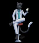  2021 4_toes 5_fingers anthro artist_logo bar_stool barefoot beverage black_background black_body black_eyebrows black_fur black_hair black_inner_ear_fluff blue_bow_tie blue_clothing blue_eyes blue_sclera blue_topwear blue_vest bow_tie cheek_tuft clothed clothing comet_(wolfywave) crossed_legs dipstick_tail domestic_cat eyebrows facial_tuft feet felid feline felis fingers fur furniture glass hair half-closed_eyes hi_res holding_beverage holding_object inner_ear_fluff jacket logo looking_at_viewer male mammal markings narrowed_eyes open_clothing open_jacket open_topwear pink_nose raised_eyebrow sammfeatblueheart shaded signature simple_background sitting smile solo stool suit tail tail_markings tail_tuft toes topwear tuft tuxedo_cat vest white_body white_clothing white_fur white_suit 