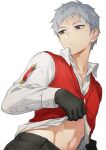  1boy black_gloves black_pants closed_mouth clothes_lift collared_shirt gloves grey_eyes grey_hair isa_(peien516) lifted_by_self long_sleeves male_focus pants persona persona_3 red_sweater_vest sanada_akihiko shirt shirt_lift simple_background solo stomach sweater_vest upper_body white_background white_shirt 