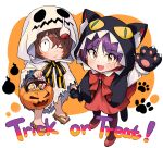  ._. 1boy 1girl absurdres aged_down alternate_costume animal_hands animal_hood brown_hair cat_hood cat_paws commentary_request english_text gegege_no_kitarou ghost_costume hair_over_one_eye halloween halloween_bucket halloween_costume highres holding_hands hood kitarou looking_at_viewer nekomusume nekomusume_(gegege_no_kitarou_6) one-eyed pantyhose purple_hair sandals short_hair silanduqiaocui smile yellow_eyes 