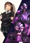  1boy 1girl absurdres blonde_hair blush bodysuit breasts brown_eyes brown_hair elbow_gloves fellatio gimp_mask gloves highres kilye_kairi latex latex_bodysuit long_hair looking_at_viewer mask mole mole_under_eye multiple_views oral original purple_gloves skin_tight 