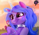  &lt;3 black_eyeliner blue_hair bracelet brainiac_(artist) chest_tuft collar collar_tag earth_pony equid equine eyeliner eyewear flight_jacket friendship_is_magic fur goggles hair hasbro hi_res hooves horn horse izzy_moonbow_(mlp) jewelry makeup mammal mlp_g5 my_little_pony pinkie_pie_(mlp) pony purple_body purple_eyes purple_fur toy tuft unicorn 