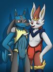  absurd_res annoyed anthro briefs bulge cinderace clothing cock_and_ball_torture duo frontal_wedgie generation_4_pokemon generation_8_pokemon genital_torture hand_on_hip hand_on_shoulder hi_res lucario male male/male nintendo pokemon pokemon_(species) side_hug smile standing stretched_clothing tacomytaco underwear wedgie 