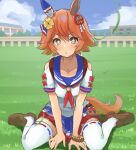  +_+ 1girl animal_ears bead_bracelet beads blush bracelet breasts brown_footwear clothing_cutout cloud clover_hair_ornament daruma_doll day ema full_body grass hair_ornament highres horse_ears horse_girl horse_tail jewelry karajio loafers looking_at_viewer matikanefukukitaru_(umamusume) miniskirt neckerchief orange_hair outdoors red_neckerchief shirt shoes short_hair short_sleeves shoulder_cutout sitting skirt small_breasts solo tail thighhighs umamusume v_arms wariza white_shirt white_thighhighs yellow_eyes 