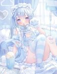  1girl animal_ears animal_hands backpack bag bandaid bandaid_on_knee bandaid_on_leg blue_bag blue_dress blue_eyes blue_hair blue_theme blue_thighhighs cat_paws dress fake_animal_ears frilled_dress frills hair_ornament hairclip highres intravenous_drip long_hair omochi_monaka original single_thighhigh sitting solo spoon thighhighs twintails utensil_in_mouth x_hair_ornament 