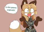  anthro averi_(fiddleafox) brown_body brown_fur camo camo_clothing camo_print canid canine clothing dipstick_tail female female_anthro fiddleafox fox fur gloves_(marking) green_eyes hair mammal markings pattern_clothing simple_background slovenian_text solo tail tail_markings text white_body white_fur 
