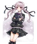  1girl black_jacket black_ribbon black_skirt black_socks book braid collared_shirt danganronpa_(series) danganronpa_kirigiri feet_out_of_frame gorila_chan hair_ribbon highres holding holding_book jacket kirigiri_kyoko kneehighs long_hair long_sleeves looking_at_viewer miniskirt object_hug official_alternate_costume open_clothes open_jacket parted_lips pleated_skirt ribbon shirt skirt snowing socks solo teeth twin_braids 