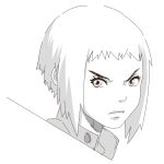  1girl closed_mouth copyright_request greyscale jacket kuro_kosyou looking_at_viewer monochrome portrait short_hair simple_background solo thick_eyebrows v-shaped_eyebrows white_background 