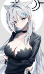  1girl absurdres animal_ears blue_archive blue_eyes breasts grey_background grey_hair halo highres large_breasts official_alternate_costume official_alternate_hairstyle shiroko_(blue_archive) shiroko_(terror)_(blue_archive) simple_background solo sugar_(dndi888) wolf_ears 
