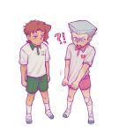  !? 2608337875 2boys aged_down bandaid bandaid_on_knee bandaid_on_leg blue_eyes buruma child grey_hair gym_shorts gym_uniform highres jean_pierre_polnareff jojo_no_kimyou_na_bouken kakyoin_noriaki male_focus multiple_boys purple_eyes red_hair school_uniform shaded_face shirt_tug shorts stardust_crusaders 