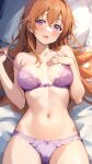 1girl bed_sheet blush bra breasts brown_hair collarbone commentary_request hair_between_eyes hair_ornament hairclip hand_on_own_chest highres konoe_kanata large_breasts long_hair looking_to_the_side love_live! love_live!_nijigasaki_high_school_idol_club lying midriff navel on_back on_bed on_pillow open_mouth panties pillow purple_bra purple_eyes purple_panties shiitake_taishi smile solo underwear undressing 