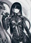  absurdres armor black_hair breasts gloves greyscale highres holding long_hair looking_at_viewer monochrome original solo very_long_hair xenotrip 