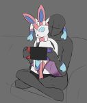 absurd_res blue_eyes clothing colored_sketch cross-popping_vein crossed_legs duo eeveelution faceless_character faceless_male feral furniture game_console generation_6_pokemon hi_res illogicaljumble leg_markings legwear male markings motion_lines nintendo nintendo_switch on_lap pokemon pokemon_(species) sitting_on_lap sketch socks_(marking) sofa switch_console sylveon thigh_highs translucent translucent_clothing 