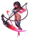  1girl :d black_hair boots breasts chain clothing_request colored_inner_hair dairoku_ryouhei dark-skinned_female dark_skin full_body holding holding_scythe holding_weapon long_sleeves looking_at_viewer multicolored_hair navel pink_hair pointy_ears purple_eyes scythe shiropbw small_breasts smile solo thigh_boots transparent_background weapon 