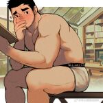  1boy bara beard_stubble black_hair blush book boxers elbow_rest feet_out_of_frame flying_sweatdrops from_side hand_on_own_cheek hand_on_own_face holding holding_book leaning_forward looking_at_viewer male_focus male_underwear muscular muscular_male nipples open_book original pectorals r.l_(2089184064) short_hair shy sideburns sitting solo thick_eyebrows thick_thighs thighs topless_male underwear white_male_underwear 