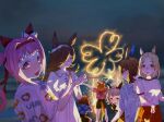  6+girls :o absurdres admire_vega_(umamusume) ahoge alternate_costume animal_ears black_shorts blonde_hair blue_shirt bow_hairband brown_hair character_print closed_eyes closed_mouth cloud collared_shirt curren_chan_(umamusume) dress fireworks grey_hair hair_intakes hair_over_one_eye hairband haru_urara_(umamusume) hello_kitty hello_kitty_(character) highres horse_ears horse_girl horse_tail leaning_forward long_hair looking_at_viewer meisho_doto_(umamusume) multiple_girls narita_top_road_(umamusume) night no_uwazumi open_mouth outdoors outstretched_arms own_hands_together pink_eyes pink_hair pink_shirt purple_eyes red_shorts rice_shower_(umamusume) sanrio shirt short_hair short_sleeves shorts smile spread_arms squatting standing t.m._opera_o_(umamusume) tail tail_through_clothes taking_picture umamusume white_dress white_shirt 