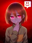  1other arm_at_side backlighting blood blood_splatter bob_cut brown_hair chara_(undertale) close-up commentary constricted_pupils evil_smile glowing glowing_eyes gradient_background green_sweater hair_between_eyes hand_to_own_face hand_up highres long_sleeves looking_at_viewer loose_hair_strand parted_lips raised_eyebrows red_background red_eyes short_hair smile smiley_face smirk solo spoken_smile sweater symbol-only_commentary turtleneck turtleneck_sweater two-tone_sweater undertale upper_body yellow_sweater yuupontan. 