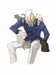  absurdres animal animal_on_head animal_on_lap animal_on_shoulder black_cat blonde_hair blue_jacket cat collared_shirt commentary_request gloves graham_aker grey_cat grey_necktie gundam gundam_00 head_down highres invisible_chair jacket long_sleeves nanao_parakeet necktie on_head on_lap open_mouth pants petting shirt short_hair simple_background sitting very_short_hair white_background white_cat white_gloves white_pants white_shirt 