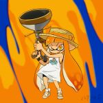  1girl animated animated_gif bouncing_breasts breasts commentary domino_mask dress firing full_body hat hataraki_ari inkling inkling_girl mask medium_breasts orange_eyes orange_hair paint sandals signature smile solo splatoon_(series) tentacle_hair v-shaped_eyebrows white_dress 