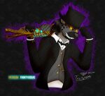  2022 absurd_res anthro bared_teeth classy clawed_fingers claws clothing colored digital_drawing_(artwork) digital_media_(artwork) dungeons_and_dragons eyewear formal_clothing formal_wear glowing glowing_eyes gnoll gun half-length_portrait hasbro hat headgear headwear hi_res humanoid hyena male mammal monocle patreon portrait ranged_weapon rifle shaded sharp_teeth signature simple_background smile solo steampunk suit teeth textured_background textured_clothing top_hat trinitygodag weapon weapon_on_shoulder wizards_of_the_coast 