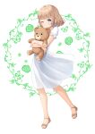  1girl 7fuji_06 blue_eyes blunt_bangs blush brown_hair bug butterfly dress flower full_body highres holding holding_stuffed_toy looking_at_viewer one_eye_closed original sandals see-through_silhouette short_hair short_sleeves smile solo stuffed_animal stuffed_toy teddy_bear 