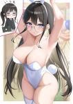  1girl absurdres animal_ears armpits arms_up black_hair blue_eyes blurry blurry_background blush breasts cleavage closed_mouth collarbone covered_navel fake_animal_ears fake_tail glasses hairband highleg highleg_leotard highres large_breasts leotard long_hair long_sleeves looking_at_viewer nagi_aoi original playboy_bunny rabbit_ears rabbit_tail tail thighhighs thighs white_hairband white_leotard white_thighhighs 
