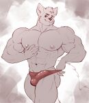  5_fingers abs anthro biceps bulge claws clothed clothing clothing_pull eldiman eyebrows felid finger_claws fingers fur fur_tuft genital_outline hi_res male mammal muscular muscular_anthro muscular_male navel nipples pecs penis_outline pose red_clothing thong topless tuft underwear vein 
