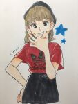  1girl adidas ahoge black_eyes black_headwear brown_hair cheek_squash clenched_teeth commentary_request cowboy_shot hand_on_own_hip highres kashikaze looking_at_viewer medium_hair real_life red_shirt saitou_shuka shirt short_sleeves smile solo teeth traditional_media translated voice_actor 