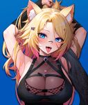  1girl absurdres animal_ear_fluff animal_ears armpits arms_up bandaid bandaid_on_face bandaid_on_nose belt black_belt black_sleeves blonde_hair blue_background blue_eyes breasts cat_ears cat_girl cat_necklace chest_belt cleavage clickdraws collarbone commission earrings fangs fishnets gradient_hair hair_ornament heart heart_in_eye highres indie_virtual_youtuber jewelry large_breasts long_hair multicolored_hair obkatiekat pink_hair pink_nails ponytail see-through see-through_cleavage symbol_in_eye tongue upper_body virtual_youtuber 