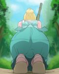  1girl ass back_bow bamboo_broom bow broom cloud dress from_behind full_body green_dress hair_bun haruyama_kazunori short_hair single_hair_bun solo tree 