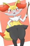  1girl animal_ear_fluff animal_ears animal_nose black_fur blush body_fur border braixen commentary_request embarrassed fangs flat_chest fox_ears fox_girl fox_tail furry furry_female hand_on_own_hip hand_up holding holding_stick legs looking_at_viewer multicolored_fur neck_fur open_mouth outside_border partial_commentary pokemon pokemon_(creature) red_background red_eyes simple_background snout solo standing stick tail teine thick_thighs thighs white_border white_fur yellow_fur 