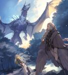  1boy 1girl bag braid dragon feathered_wings hakam_(pixiv_fantasia_last_saga) handbag highres holding holding_polearm holding_weapon long_hair nishiki_areku outdoors pixiv_fantasia pixiv_fantasia_last_saga polearm shorts standing tree weapon white_hair wings 