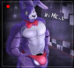  &lt;3 animatronic anthro balls bonnie_(fnaf) bow_tie bulge clothing dialogue five_nights_at_freddy&#039;s front_view genitals hi_res lagomorph leporid long_ears looking_at_viewer machine male mammal mostly_nude muscular muscular_anthro pubes purple_body rabbit ravieel robot scottgames solo standing underwear 