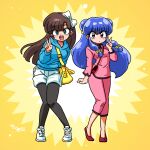  2girls blush bow brown_hair closed_mouth full_body green_eyes hair_bow kuonji_ukyou multiple_girls open_mouth ranma_1/2 red_footwear shampoo_(ranma_1/2) shorts wanta_(futoshi) white_bow white_footwear white_shorts yellow_background yellow_bow 