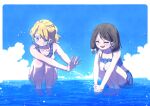  2girls alternate_costume bikini blonde_hair blue_eyes brown_hair clear_sky closed_eyes cloud collarbone commentary commission day frilled_bikini frills highres maribel_hearn multiple_girls nama_udon no_headwear ponytail skeb_commission sky smile splashing squatting summer swimsuit touhou usami_renko water 