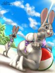  anthro ball beach beach_ball bikini bonnie_hopps butt camera clothing daughter_(lore) disney duo female hi_res inflatable judy_hopps link6432 looking_at_viewer mature_female mother_(lore) mother_and_child_(lore) mother_and_daughter_(lore) parent_(lore) parent_and_child_(lore) parent_and_daughter_(lore) posing_for_picture seaside swimwear zootopia 