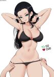  1girl absurdres aqua_eyes arms_up artist_name black_bra black_hair black_panties bra breasts cleavage collarbone elpipe_3000 extra_arms forehead grin groin heart highres large_breasts like_and_retweet long_hair looking_at_viewer meme navel nico_robin one_piece panties panty_pull parted_lips pulled_by_self simple_background smile solo stomach twitter_strip_game_(meme) underwear white_background 