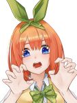  1girl blue_eyes blush bow claw_pose close-up collared_shirt commentary_request double-parted_bangs eyebrows_hidden_by_hair gao go-toubun_no_hanayome green_bow hair_between_eyes hair_ribbon hands_up highres looking_at_viewer medium_hair nakano_yotsuba open_mouth orange_hair partial_commentary plaid plaid_bow ribbon school_uniform shirt simple_background solo straight_hair sweater_vest teeth thino0203 white_background white_shirt yellow_sweater_vest 