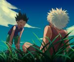  2boys black_hair blue_sky child cloud cloudy_sky commentary_request day gon_freecss green_shorts hands_on_own_knees highres hunter_x_hunter kazhi killua_zoldyck looking_at_another male_child male_focus multiple_boys on_grass outdoors painting_(medium) purple_shirt shirt short_hair shorts sky smile spiked_hair teeth traditional_media upper_teeth_only white_hair 