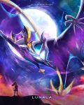  1girl backpack bag blonde_hair character_name commentary copyright_name highres kelvin-trainerk lillie_(pokemon) long_hair lunala moon night outdoors pokemon pokemon_(creature) pokemon_sm ponytail shirt short_sleeves skirt standing twitter_username 