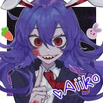  1girl aiiko123 animal_ears artist_name black_jacket blazer blood blood_on_face blood_on_hands carrot commentary_request eyelashes hair_between_eyes index_finger_raised jacket long_bangs long_hair long_sleeves looking_at_viewer necktie open_mouth purple_hair rabbit_ears rabbit_girl red_eyes red_necktie reisen_udongein_inaba sharp_teeth shirt smile solo teeth touhou upper_body upper_teeth_only white_shirt 