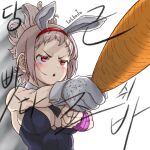  1girl :o animal_ears bare_shoulders battle_bunny_riven black_leotard black_necktie breasts carrot cleavage detached_collar fake_animal_ears gloves grey_gloves grey_hair holding holding_carrot large_breasts league_of_legends leotard lolboja necktie ponytail rabbit_ears red_eyes riven_(league_of_legends) short_necktie solo translation_request upper_body v-shaped_eyebrows white_background 