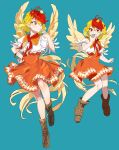  1girl animal animal_on_head aqua_background bird bird_on_head bird_tail bird_wings blonde_hair boots brown_footwear chamaruk chick dress feathered_wings highres holding holding_whistle multicolored_hair multiple_views niwatari_kutaka on_head orange_dress red_eyes red_hair short_hair short_sleeves simple_background tail touhou two-tone_hair whistle whistling wings yellow_wings 