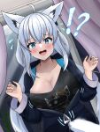  !? 1girl ahoge animal_ears black_shirt blue_eyes blue_hoodie blue_nails blush breasts cleavage fox_ears fox_girl grey_hair highres hololive hood hoodie kawanoneko large_breasts long_hair looking_at_viewer nail_polish official_alternate_costume shirakami_fubuki shirakami_fubuki_(7th_costume) shirt smile virtual_youtuber zipper zipper_pull_tab 