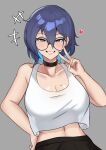  1girl black_choker blue_eyes blue_hair breasts choker cleavage crop_top grey_background grin heart highres looking_at_viewer medium_breasts midriff mole mole_on_breast original short_hair smile solo tank_top teeth upper_body v zet_(twt_zet) 